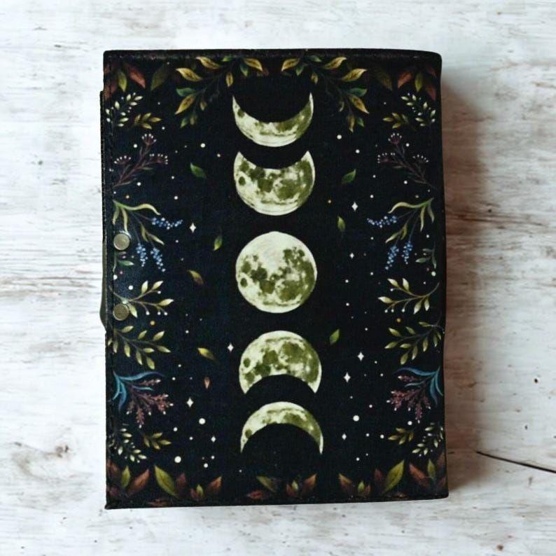 Vintage Leather Journal, Moon Phase Handmade Fat Leather Journal, Blank Spell Book of Shadows, Sketchbook, Gifts For Him Her