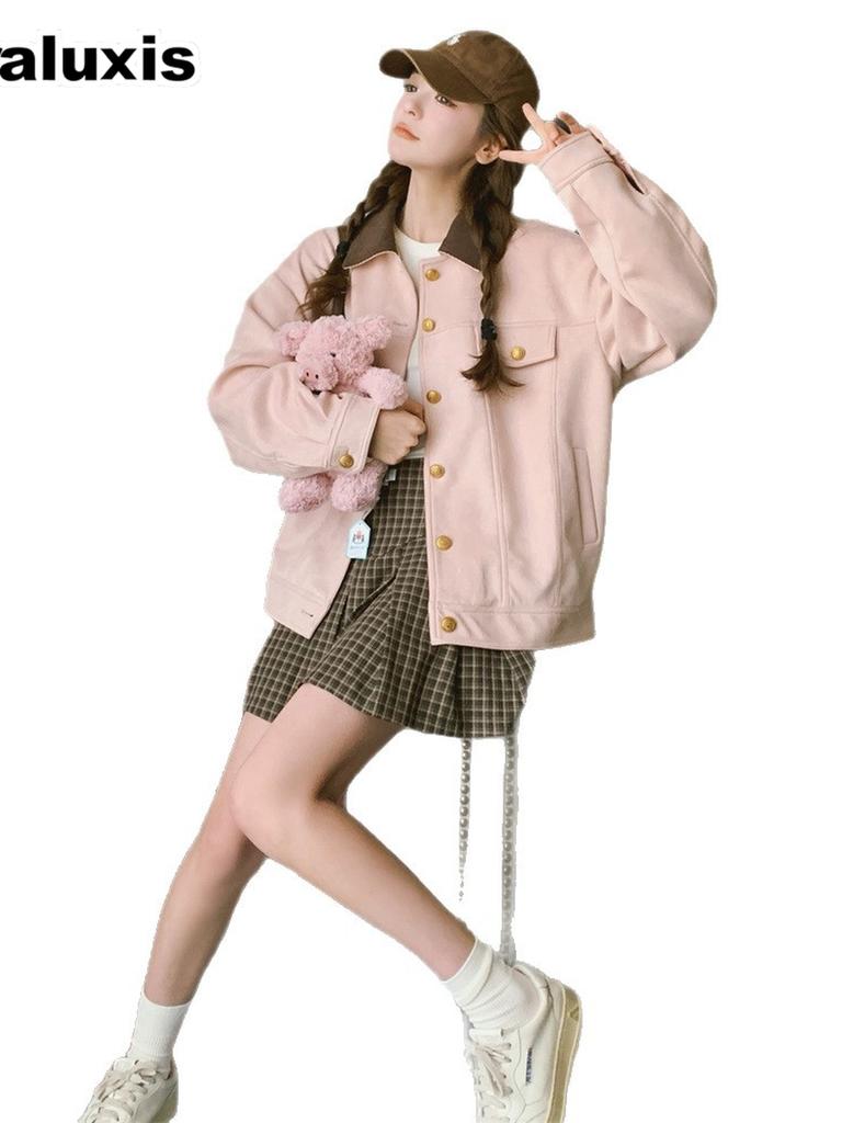 Pink Faux Suede Utility Jacket Women's Fall Winter New Arrivals Cute Petite College Style Casual Top