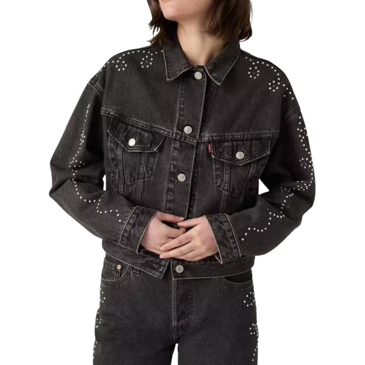 Levis Studded Single Button Long Sleeve Loose Short Denim Jacket Women jackets A9456-0003