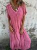 Women's Short Sleeve Maxi Dress V Neck Mid Rise Casual Linen Loose Fit Long Dress