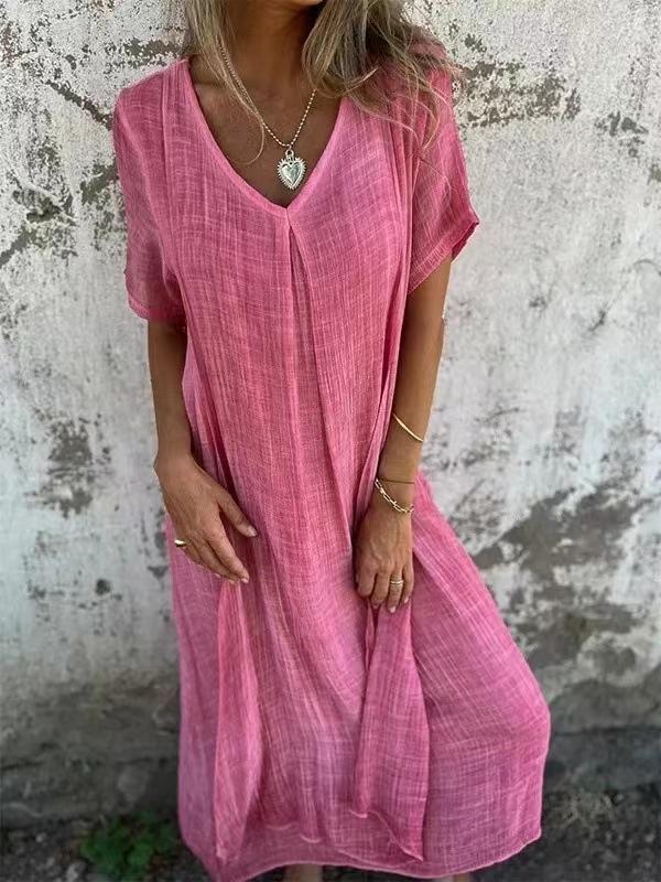 Women's Short Sleeve Maxi Dress V Neck Mid Rise Casual Linen Loose Fit Long Dress