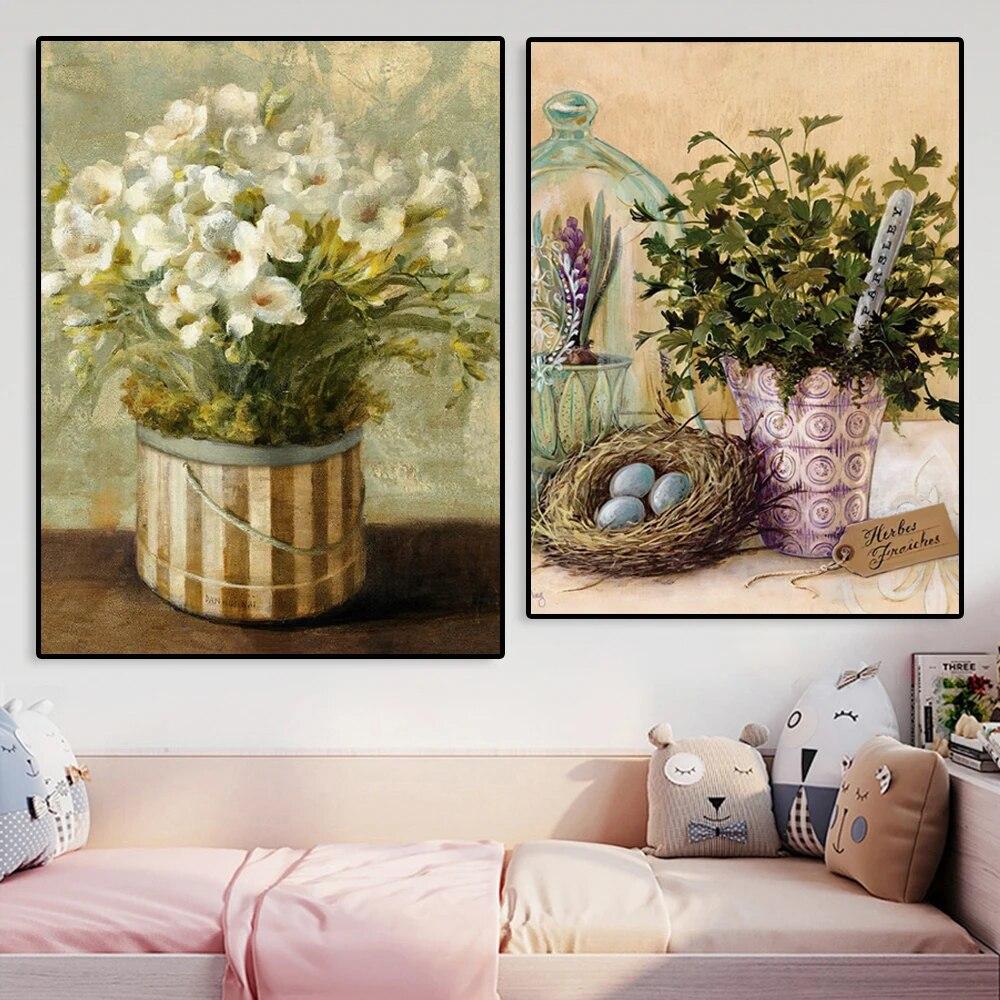 Vintage Botanical Plant Canvas Painting Retro Flower Art Abstract Wall Art Nordic Prints European Pastoral Home Room Decoration