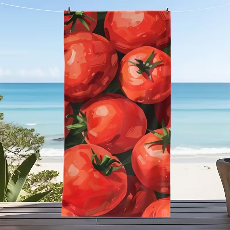 Retro Blue Checkered Tomato Print Beach Towel Large Soft Towel Watercolor Tomato on The Vine Quick-Dry Lightweight Towel