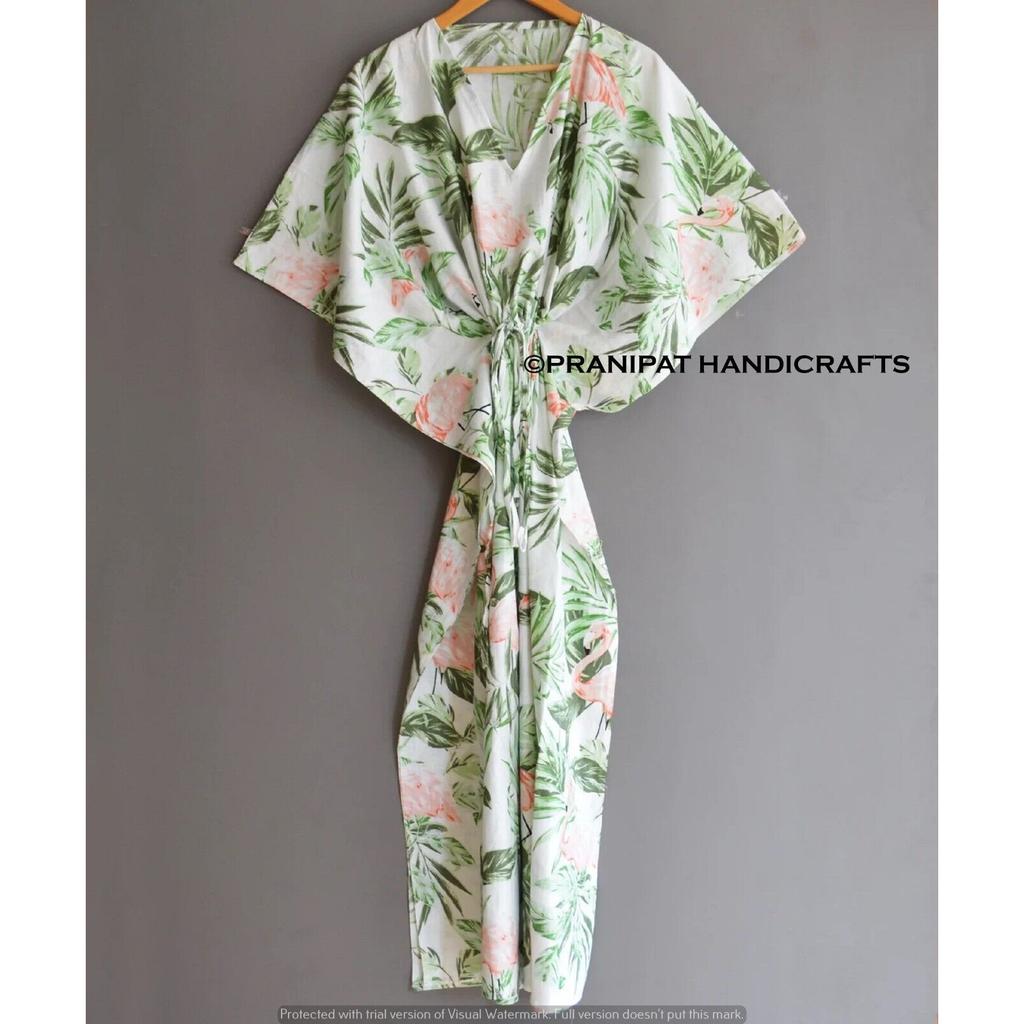 Damen Hippie Baumwolle Sommer Nachtwäsche Flamingo Print Weiß Langes Maxi Kaftan Kleid CKFTN-SCRN-FULL-BUYIT-095