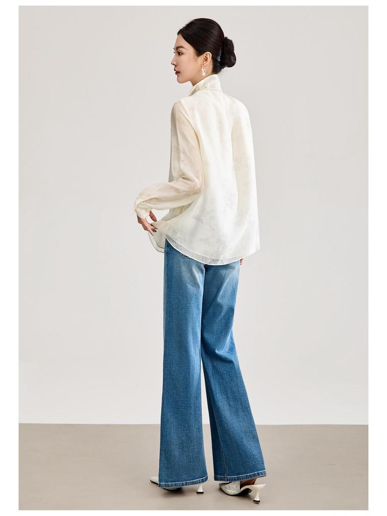 Elegant Silk Jacquard Stand Collar Shirt - Spring Style