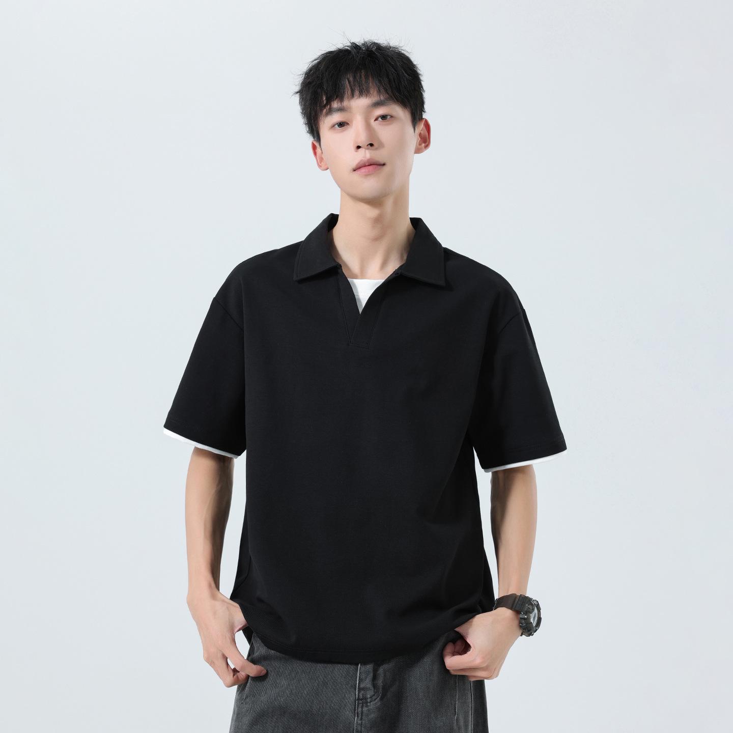 Pengyun Men s Fake Two-Piece Polo Shirt - Short Sleeve Casual Collared T-Shirt M