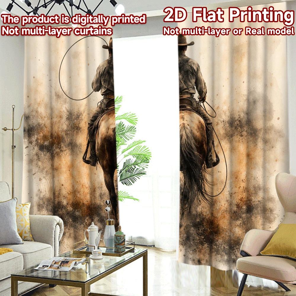 2D FLAT PRINTING 2pcs Curtains (Without Rod) On Horseback Fashionable Chic Curtains Polyester Curtains Festive Perfect for Grey,