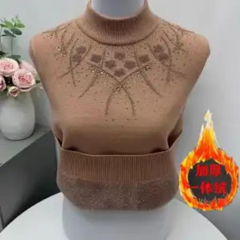 Women's Solid Ironing Diamond Pullover Plus Velvet Thickened Sweater Base Shirt Fashionable Top