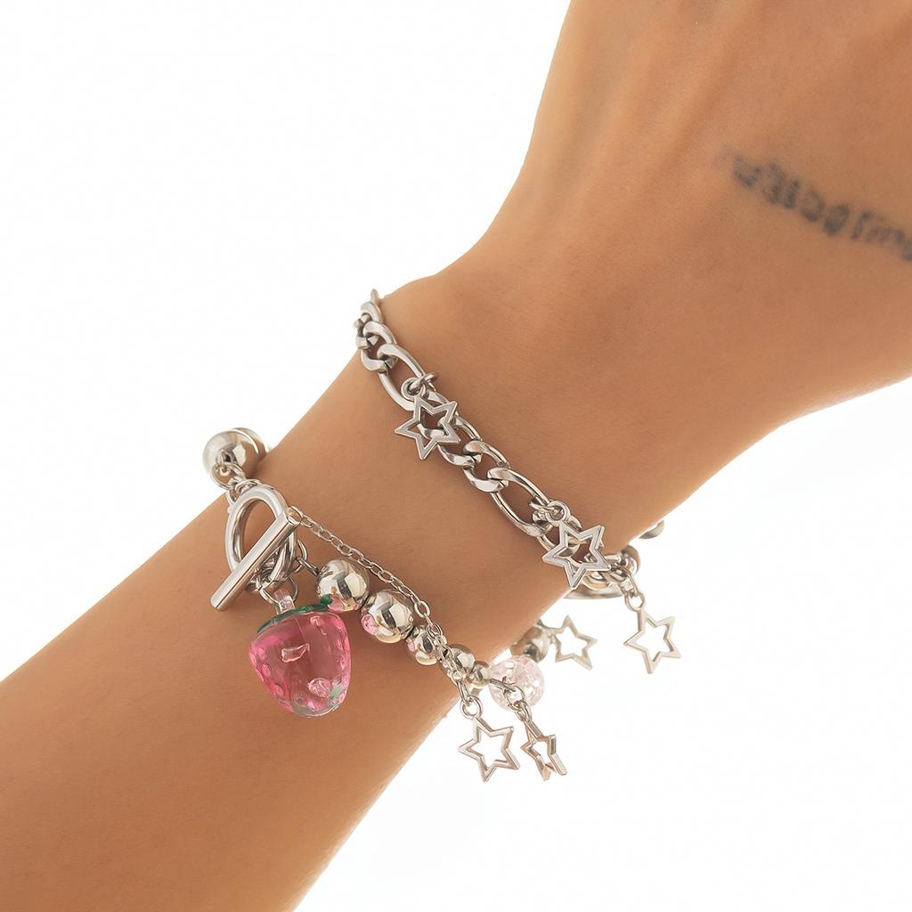 Sweet Wind Strawberry Bow Pendant Necklace Female, Metal Chain Stacked Choker Necklace