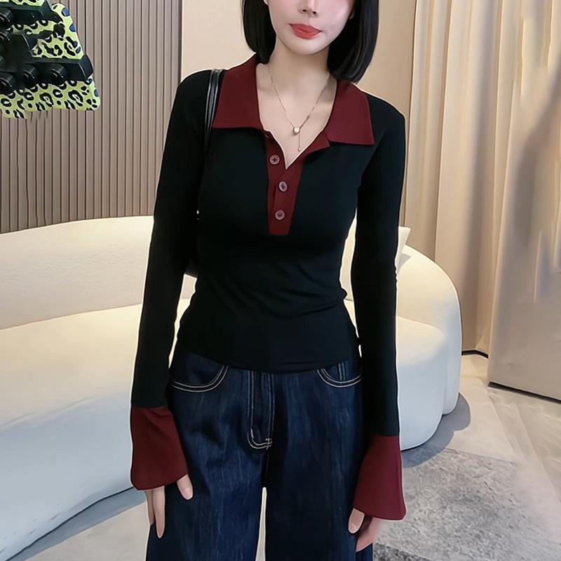 Polo Lapel Sweater Base Layer for Women's Autumn and Winter, A High-end, Slimming and Form-fitting Knitted Sweater with Contrasting Colors