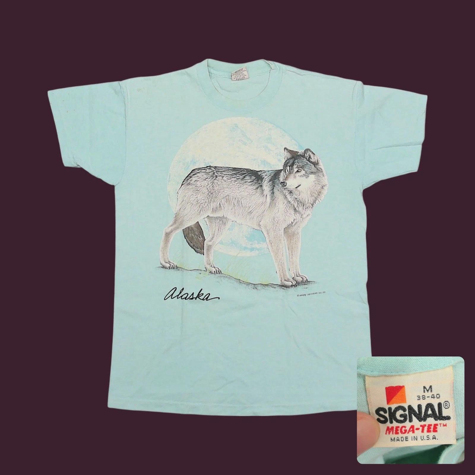 

Vintage 1988 Alaska Wolf Moon Nature T Shirt Single Stitch Cyan Mens M Signal 2XL