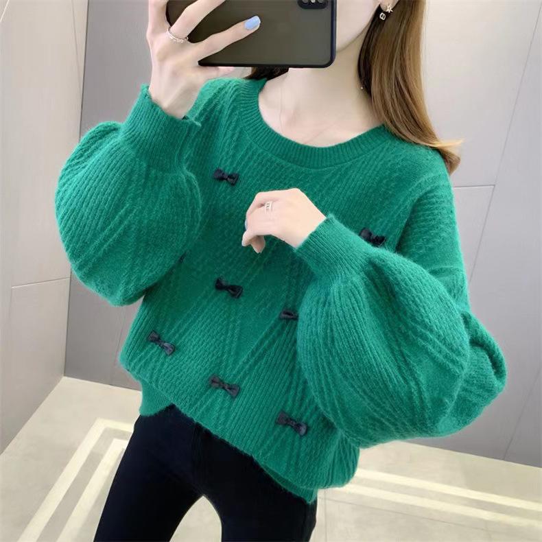 Women's Round Neck Pullover Base Sweater for Autumn and Winter Loose and Lazy Style Butterfly Knot Knit Sweater