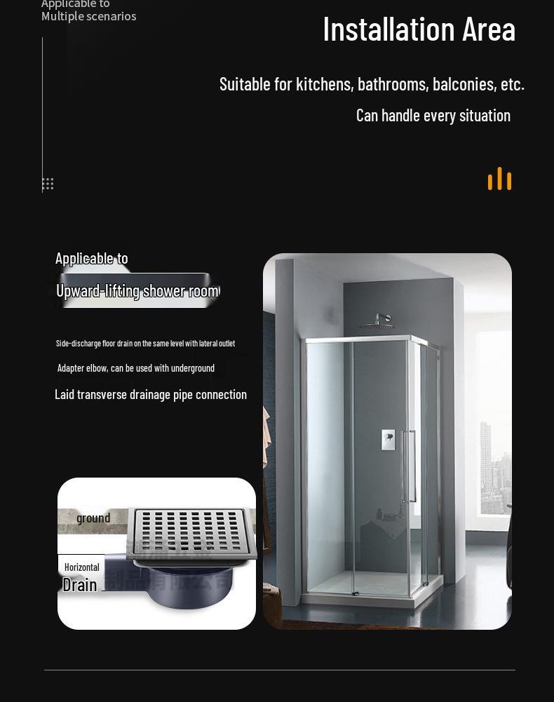 304 Stainless Steel European-Style Large Capacity Square Floor Drain with Sliding Side Drain.
