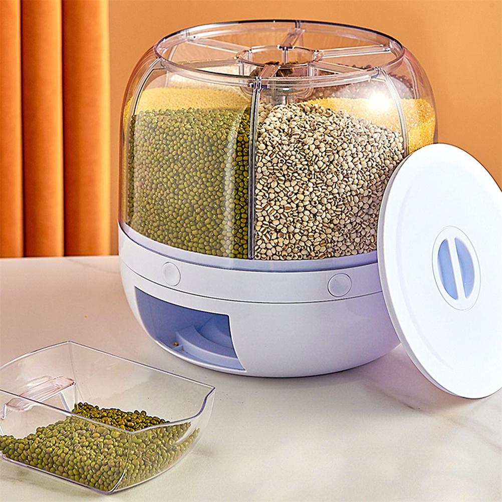 Food Grain Storage Container 6 Grid Rice Dispenser Rotatable Sealed Grain Food Storage Box Large