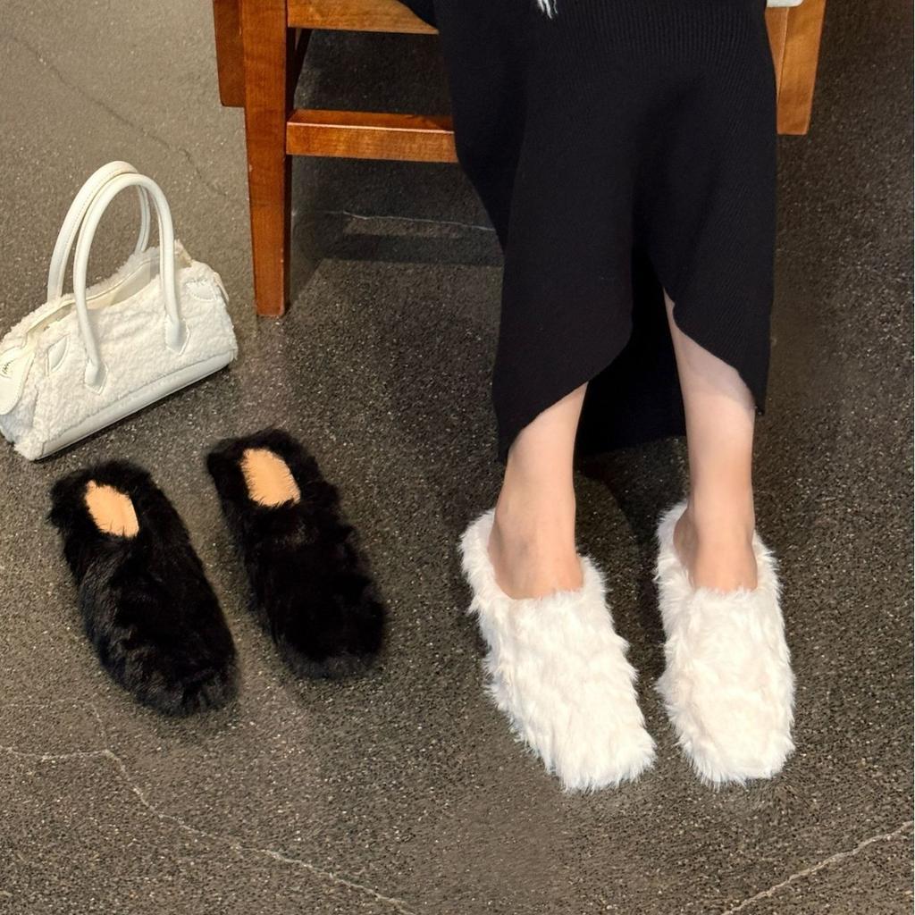 European and American Style Fashion Square Head Deep Mouth Bag Head Slippers Cat Heel 2025 Autumn Simple Women's Shoes Flat Bottom Fluffy Slippers