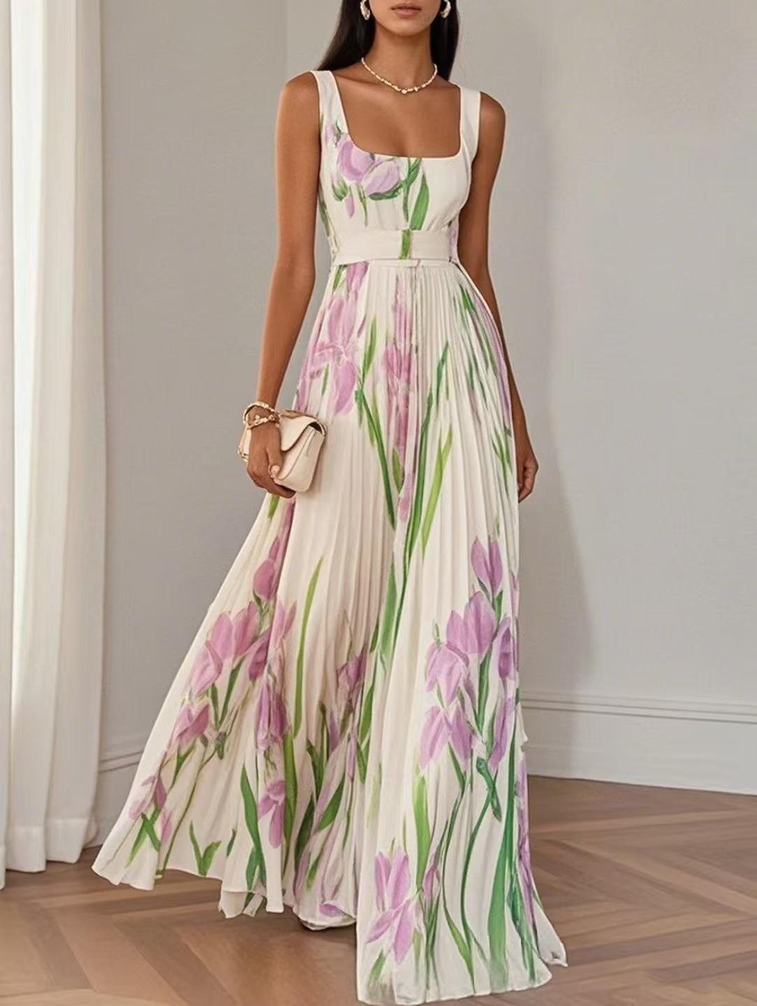 New European and American women s clothing fashion casual vacation comfortable women s digital flower suspender dress pleated long dress S
