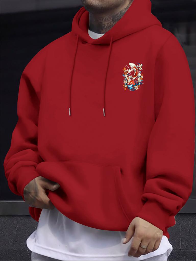 Ukiyo-e Style Auspicious Twin Koi Floral Wave Back Pattern Men Hip Hop Sports Hoodie Long Sleeve Loose Athletic Pullover