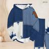 Women Plus Size Blue White Printed Two Piece Set Long Sleeve Hooded Top Cuffed Pants