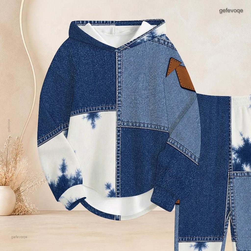 Women Plus Size Blue White Printed Two Piece Set Long Sleeve Hooded Top Cuffed Pants