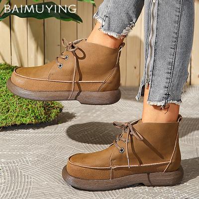 Flats Women Ankle Boots Designer Lace Up Leather Shoes Winter New Brand 2025 Trend Classic Walking Cozy Non-slip Botas De Mujer