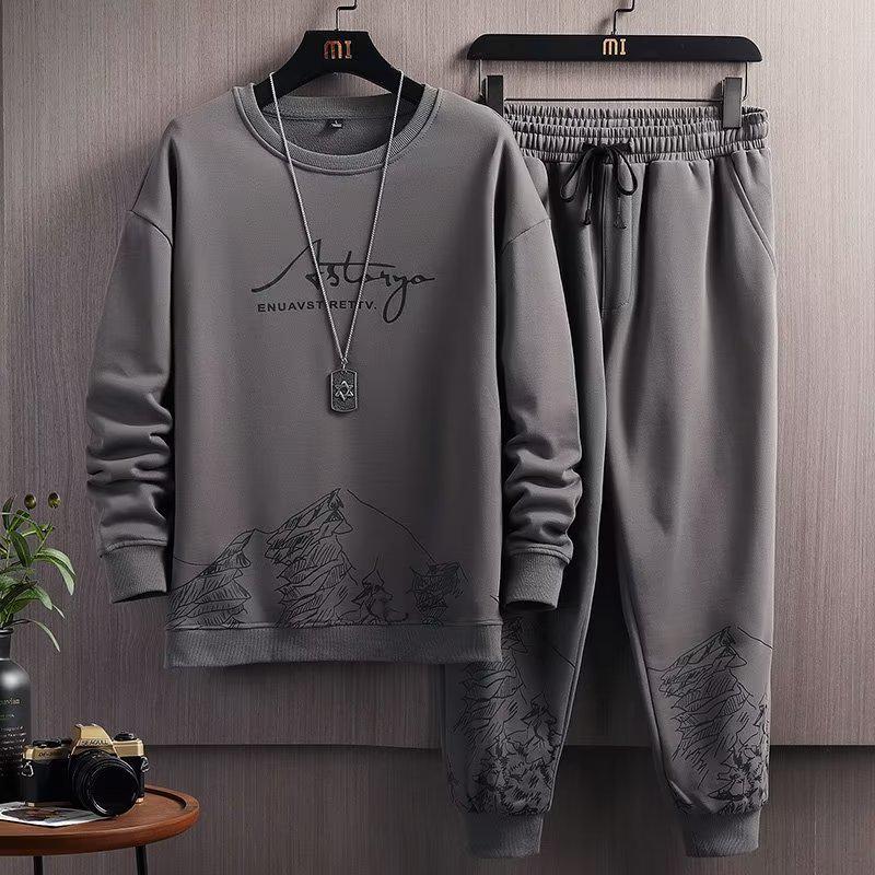 Men's Autumn Fashion Two-Piece: Snow Mountain Thin Imitation Cotton Long Sleeve Sweater & Round Neck Pullover