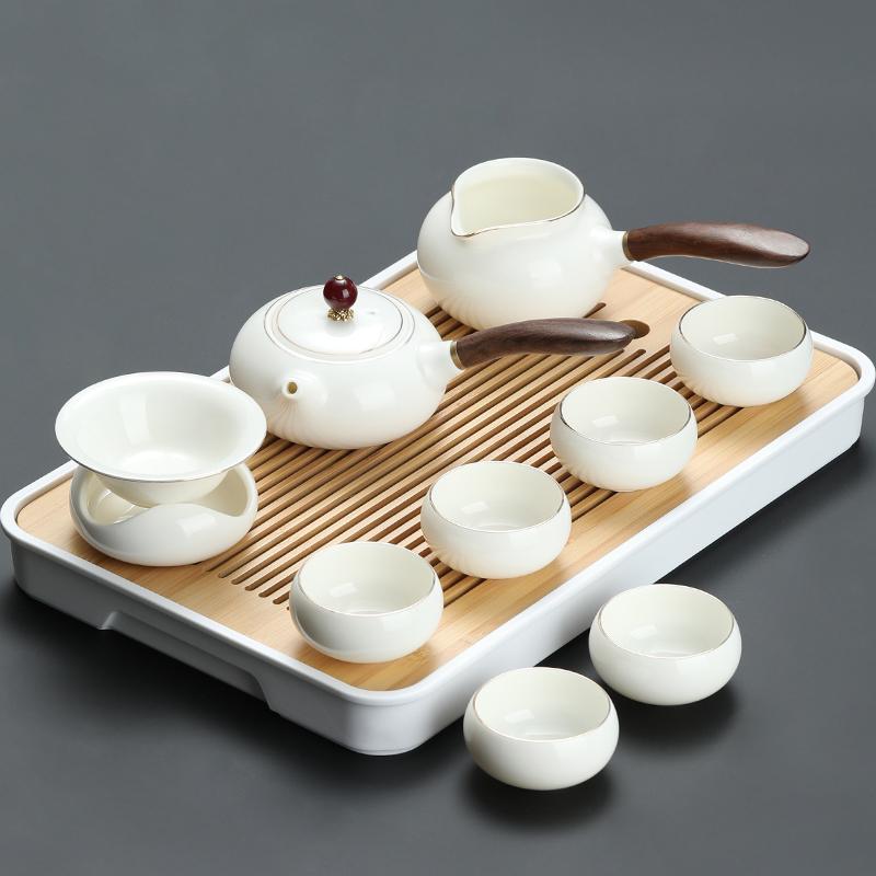 Goat Jade White Porcelain Kung Fu Tea Set Home Brewing Teapot Covered Bowl Chinese Light Luxury Brewing Tea Cup Office Guests