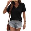 2026 Women's Casual V-neck Short-Sleeved Waffle Knit Top with Lace Patchwork