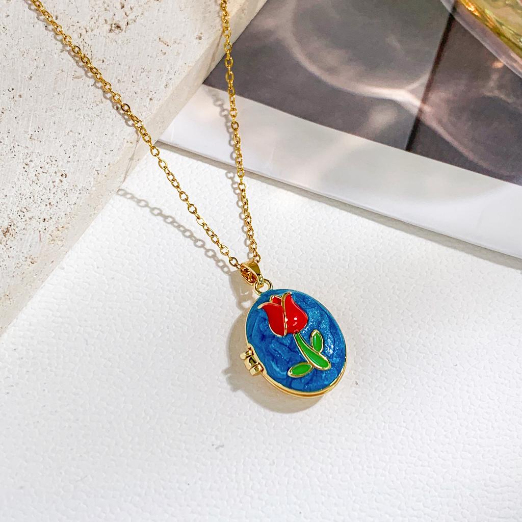 Vintage Enamel Photo Locket Pendant Necklace for Women Minimalist Luxurious Non-Fading Titanium Steel Jewelry Accessoryry