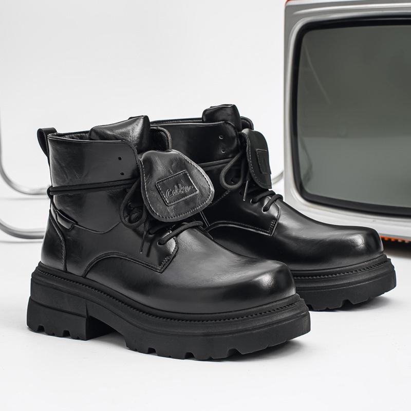 

Men s Black Leather High-Top Derby Boots, Height-Increasing, Autumn/Winter 2025 British Style Big-Toe Design 38