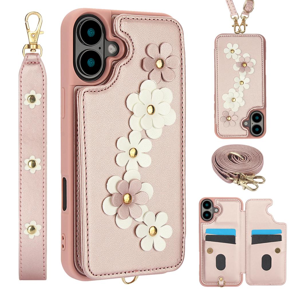 Applicable to iPhone16E multi-function mobile phone case 17Pro flower card holder anti-drop diagonal span rope portable rope