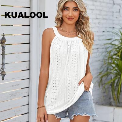 Tricou cu bretele fără mâneci de vară pentru femei, cu gât rotund și ridat cu ochi