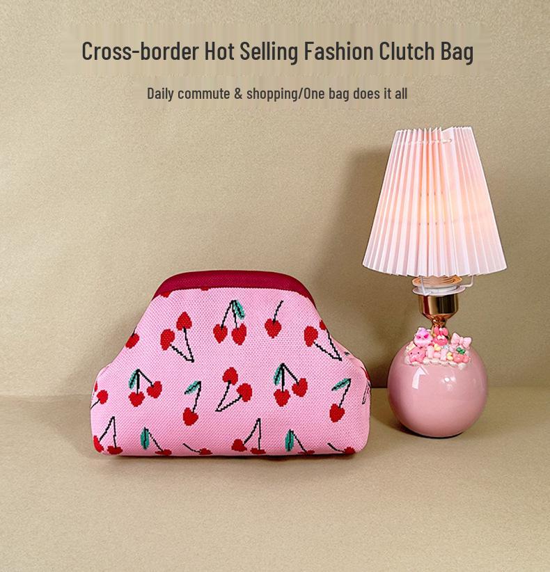 Cherry Cloud Woven Clutch: High-End Knitted Makeup Bag for Commuting and On-the-Go Versatility