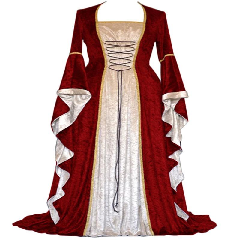 European and American Style Gold Velvet Lap-up Trumpet Sleeves Vintage Medieval Long Dress Dress