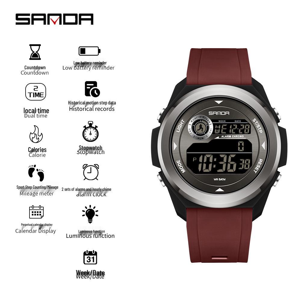 SANDA Unisex Sports Watch: Perpetual Calendar, Alarm, Dual Time Zones, Pedometer.