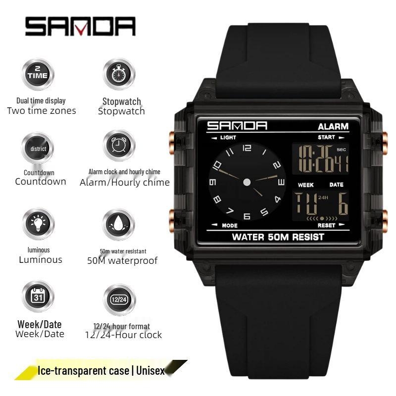 Sanda Waterproof Rectangular Sports Watch with Countdown Timer