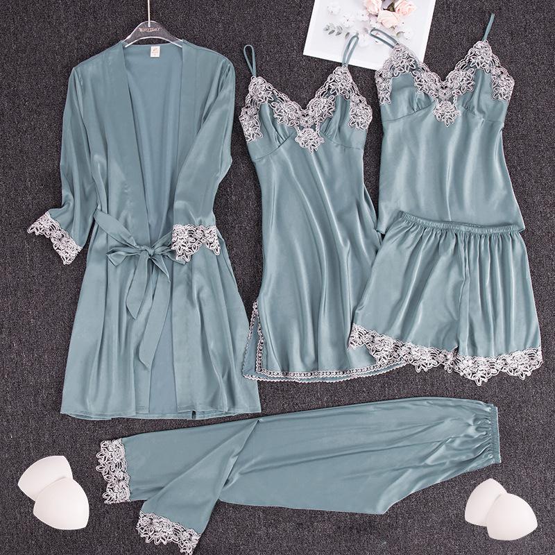 Yao Ting Satin Chiffon Five-Piece Pajama Set: Ice Silk, Casual, Sexy, with Chest Pads for Spring/Summer