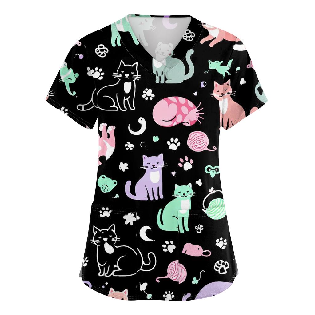 Women's Casual Short-Sleeve Cute Animal Print V-Neck Pocket Workwear Top