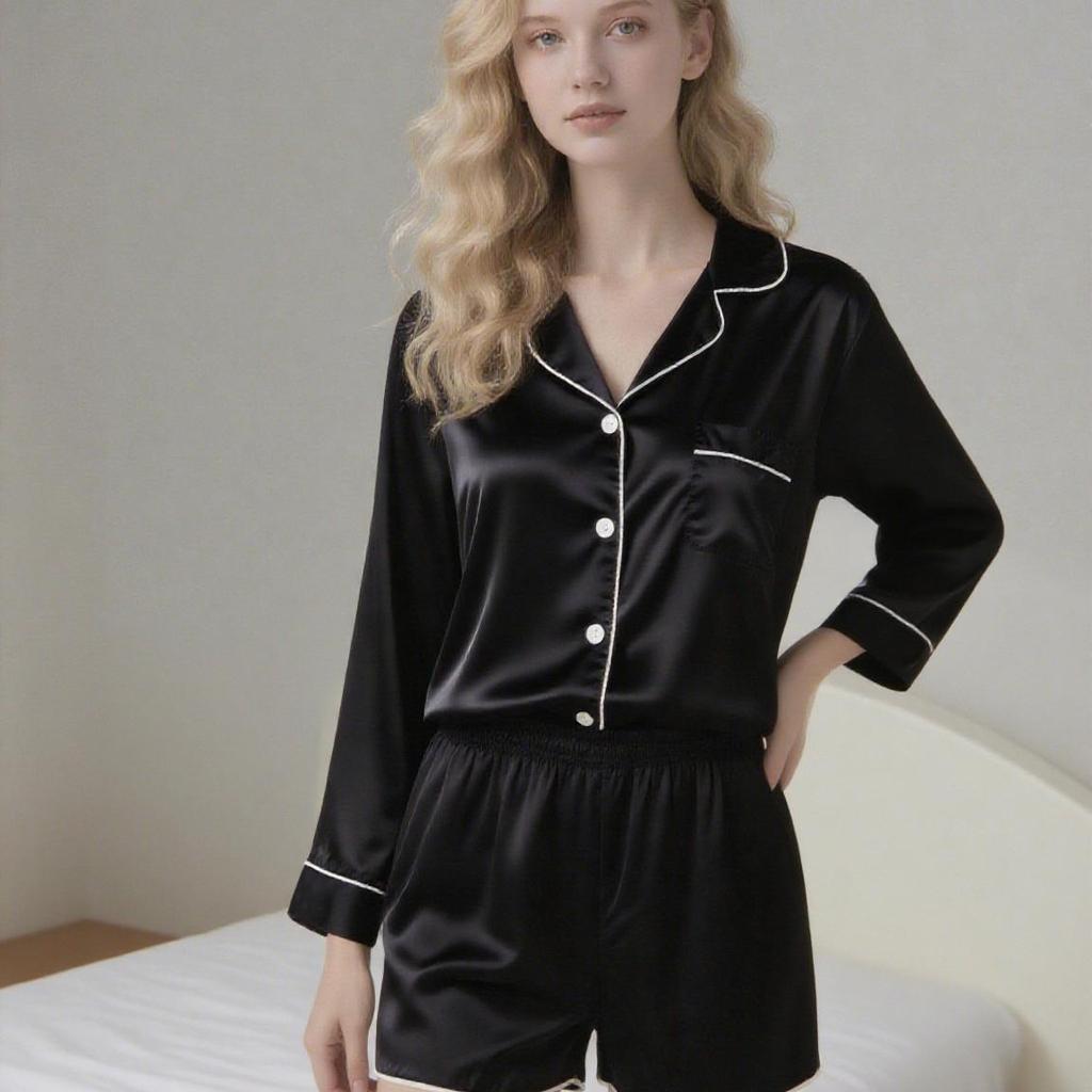 Women's Short Sleeve Faux Silk Ice Silk Pajama Set with Lapel - European Size