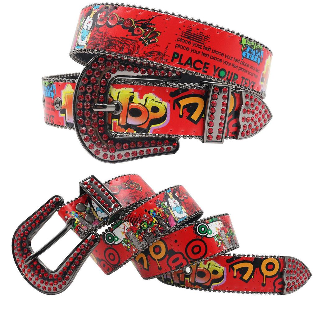 Bohemian Graffiti Rhinestone Leather Belt - Casual & Versatile European-American Style