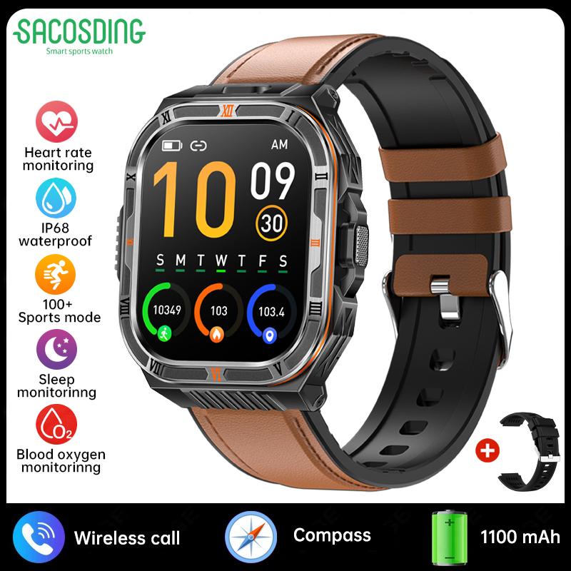 New 1100mAh Battery Outdoor Ultra Durable Men Smartwatch Flashlight Heart Rate Bluetooth Call IP68 Waterproof Sports Smart Watch