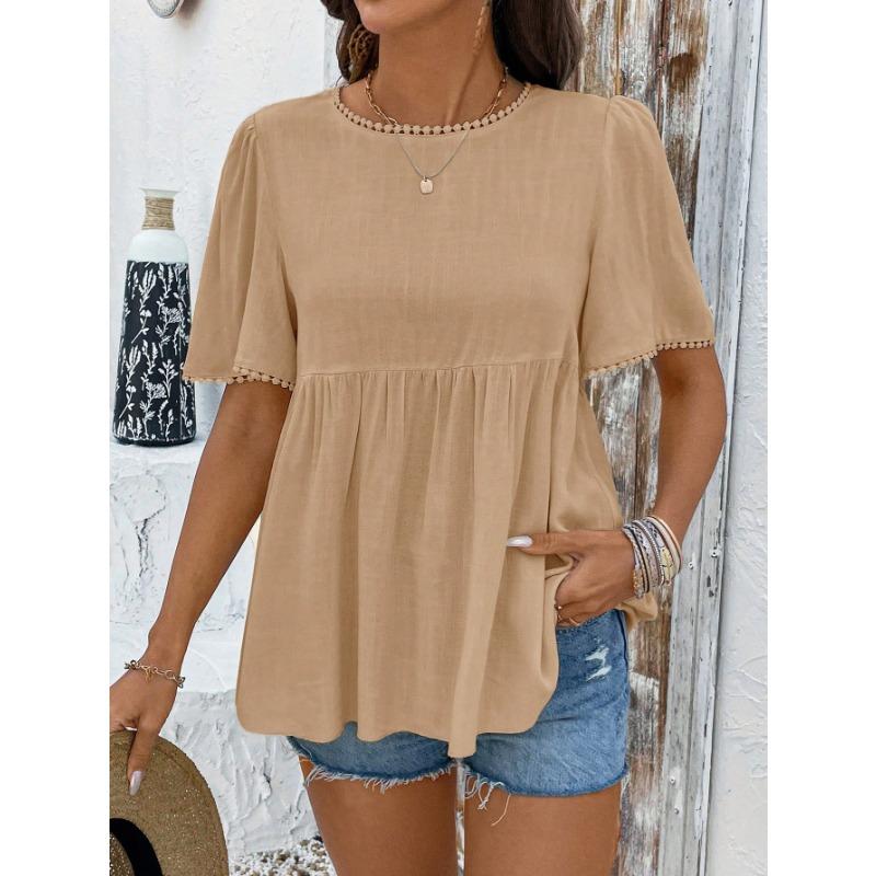 YYFS Women's Fashion Casual Summer Spring Solid Color Print  Short Sleeve O-Neck Blouses & Shirts