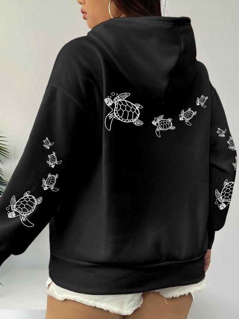 Creative turtle swimming print men's and women's hooded sweatshirt, autumn and winter casual warm sports top, adult fashion clothing