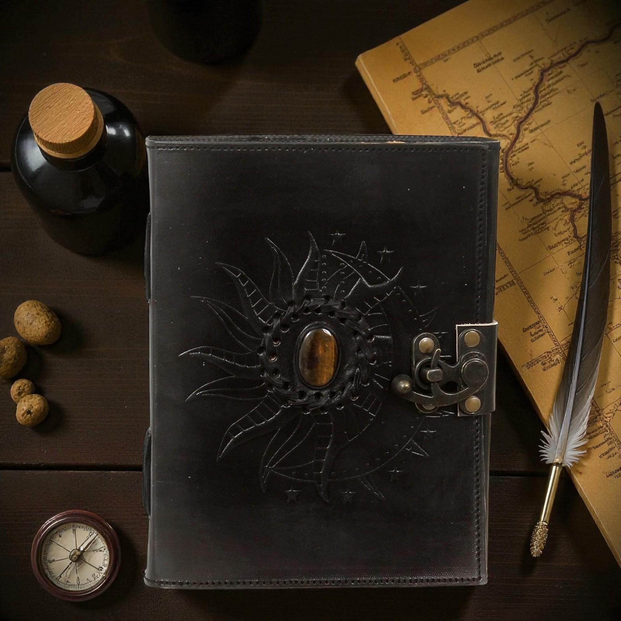 Handmade Black Leather Journal 5x7 – Sun & Moon Embossed Notebook – Gemstone Diary – 200 Deckle Edge Pages – Vintage Lock Journal