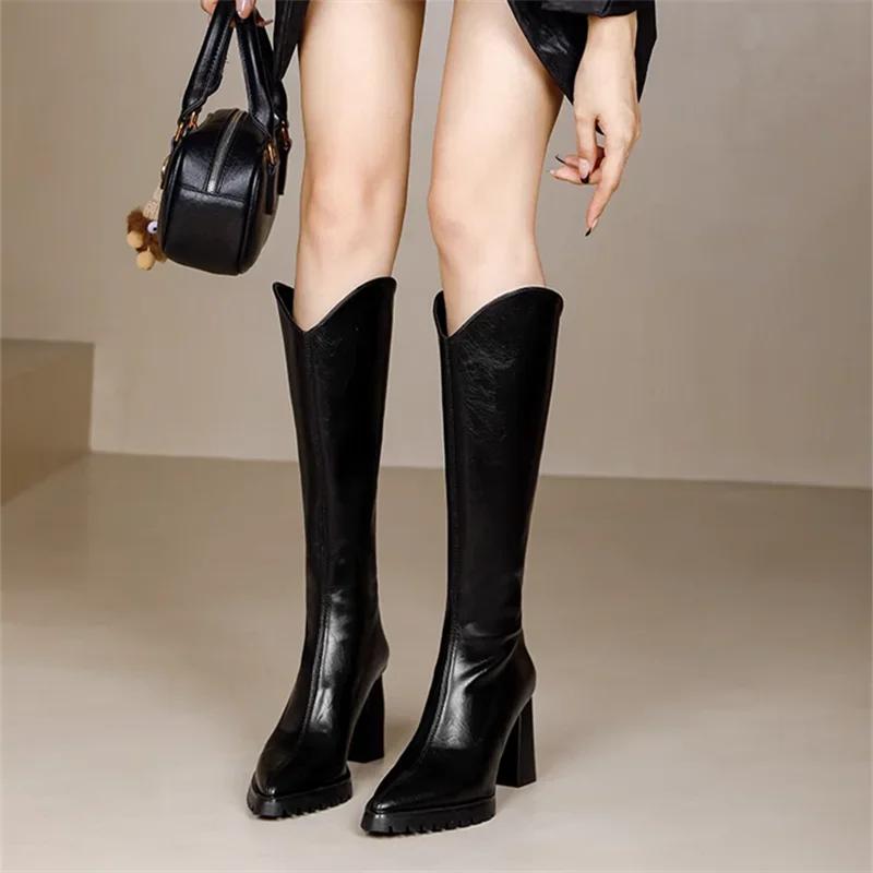 Long Boots for Women Pointed Toe Knee High Shaft Shoes Woman Elegant Quality Gyaru Spring Autumn Trend Waterproof Boot New