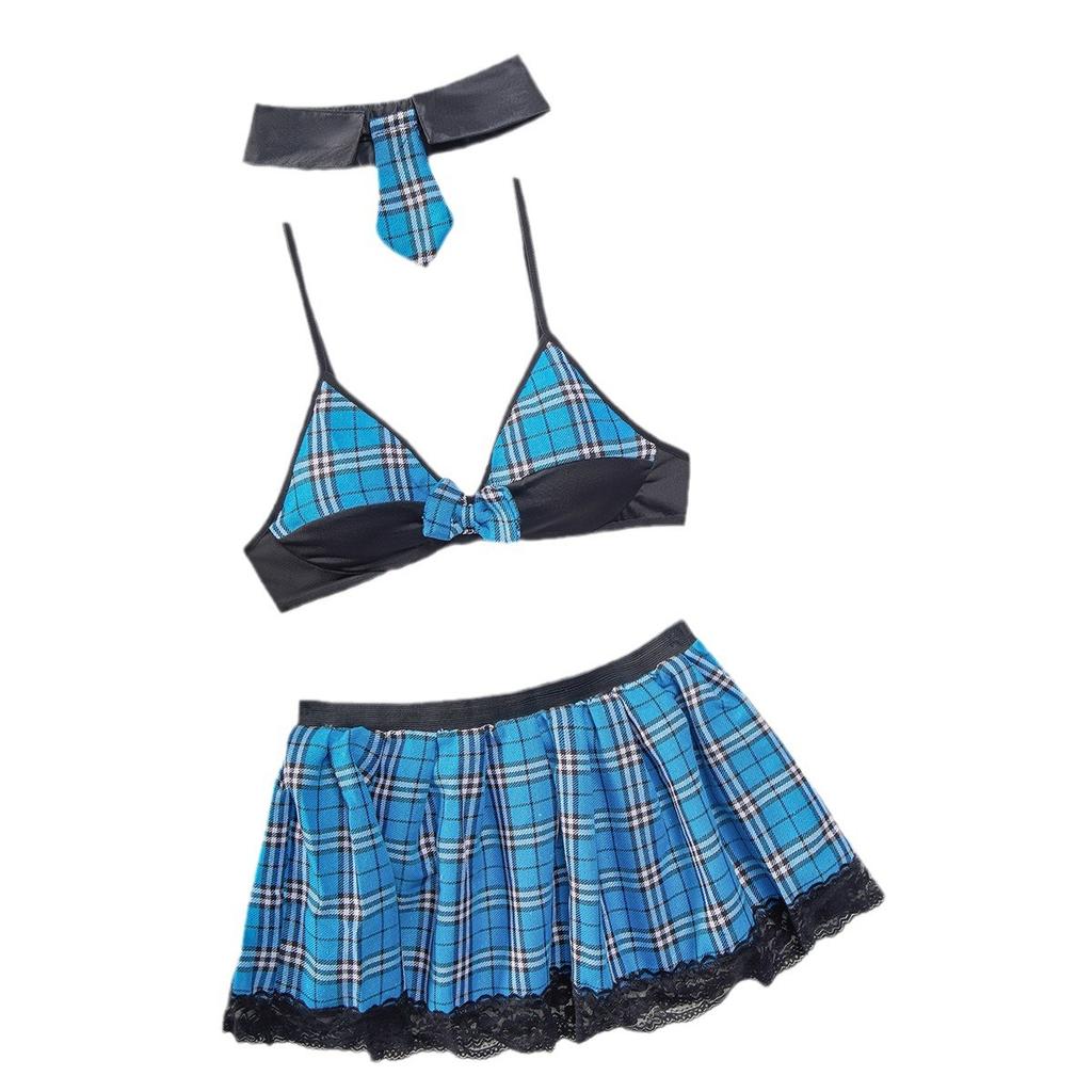 European and American explosive sexy fun set plaid uniform temptation underwear set three-piece set