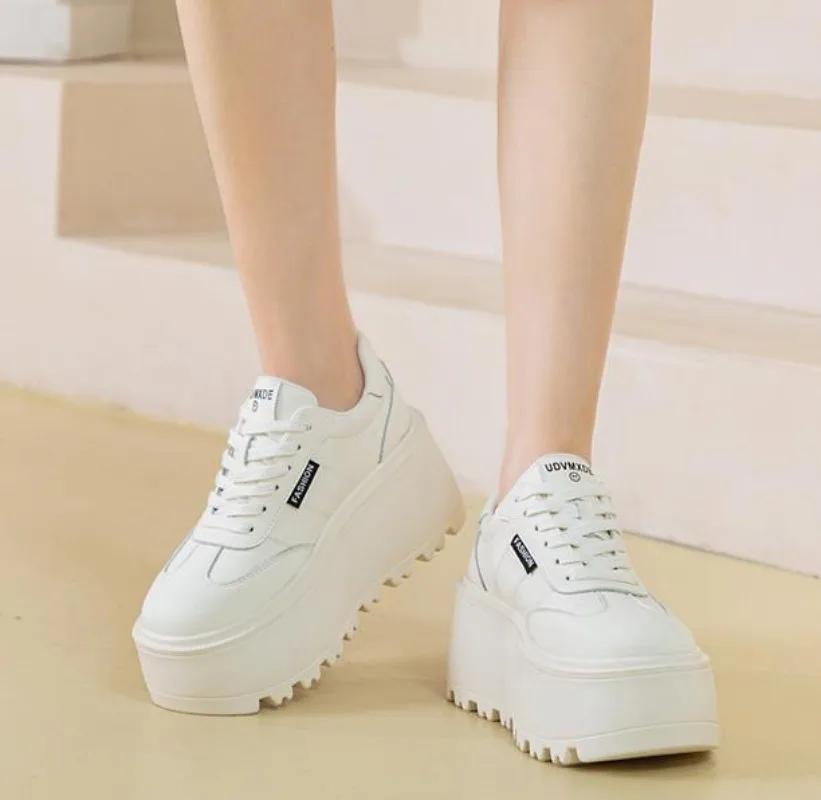 Fashion 8cm Mixed Color Ladies Vulcanize Shoes Genuine Leather Spring Autumn Lace Up Stable High Platform Sneakers Women Fashion Shoes