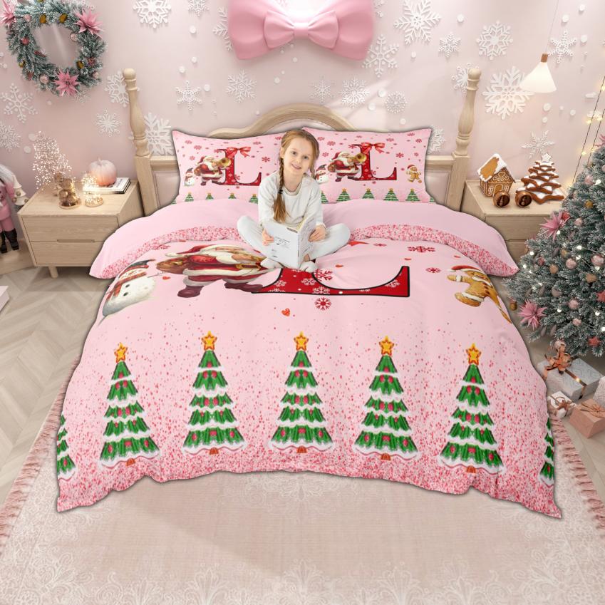 Homewish Xmas Monogrammed Duvet Cover Set For Boys Girls Christmas Santa Claus Bedding Set Girls Pink Snowflakes Quilt Cover