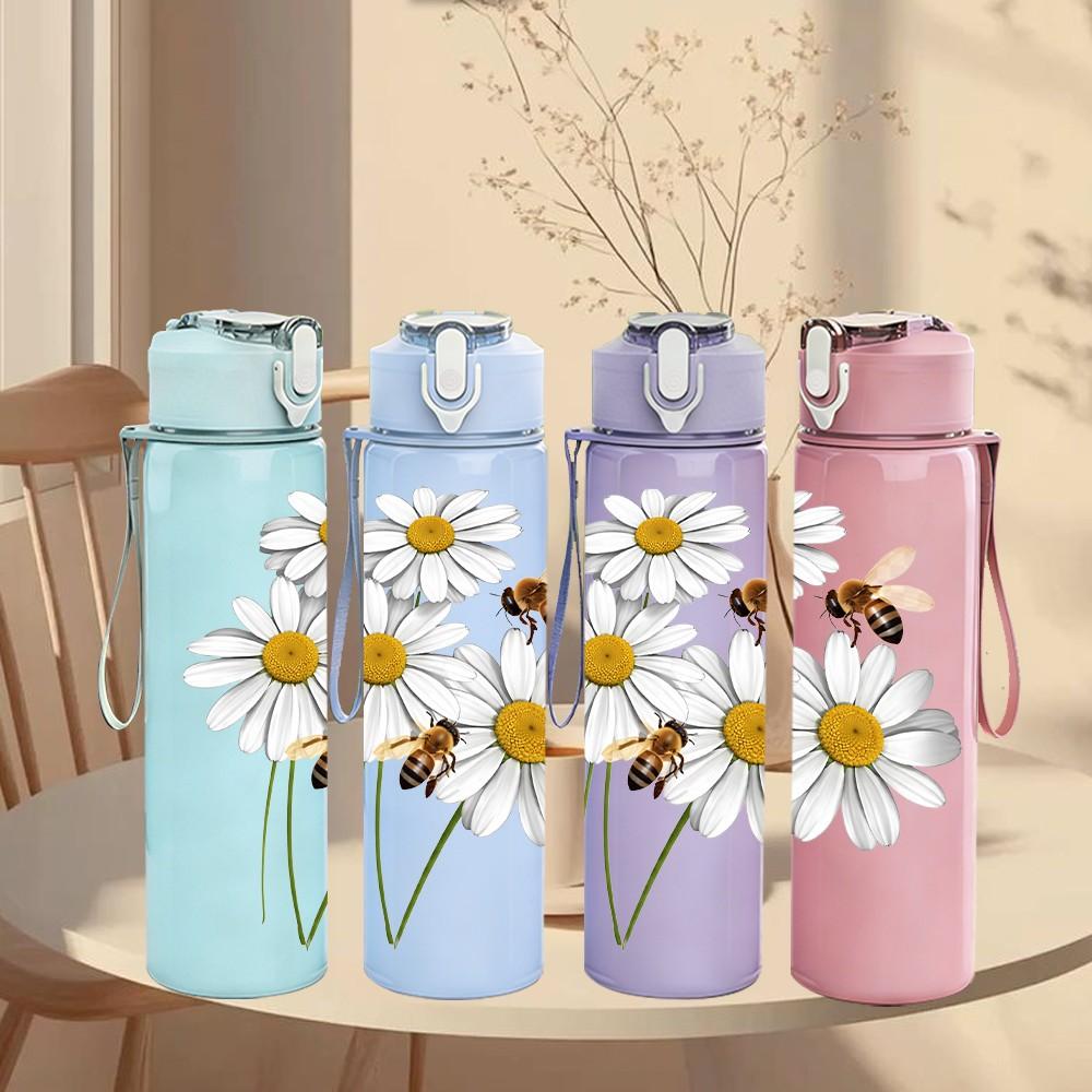 1PC White Daisy Yellow Center Flower Print 750ml Color Plastic Sports Water Bottle Leakproof Flip Straw Lid Suitable for Sports Office Home Use