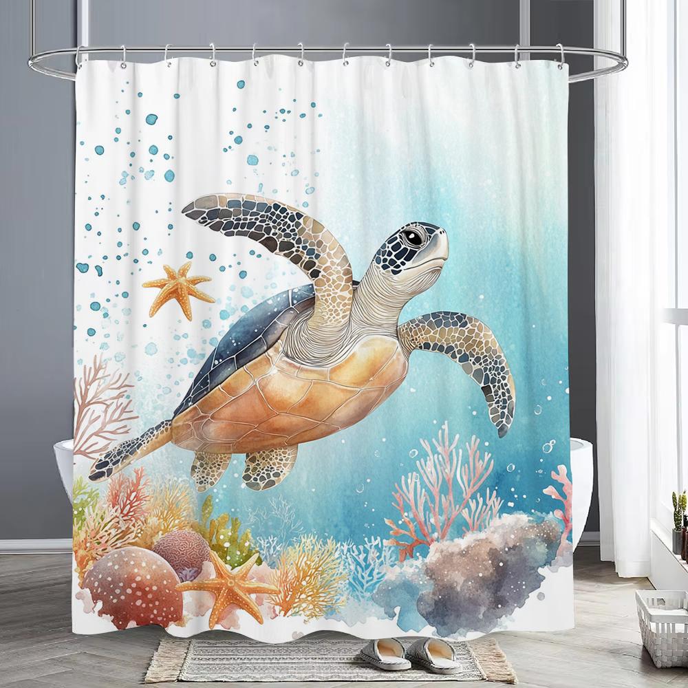 Marineland Sea Turtle Fun Shower Curtain For Beach Theme Bathroom Decorative Shower Curtain, Waterproof Shower Curtain With Hook