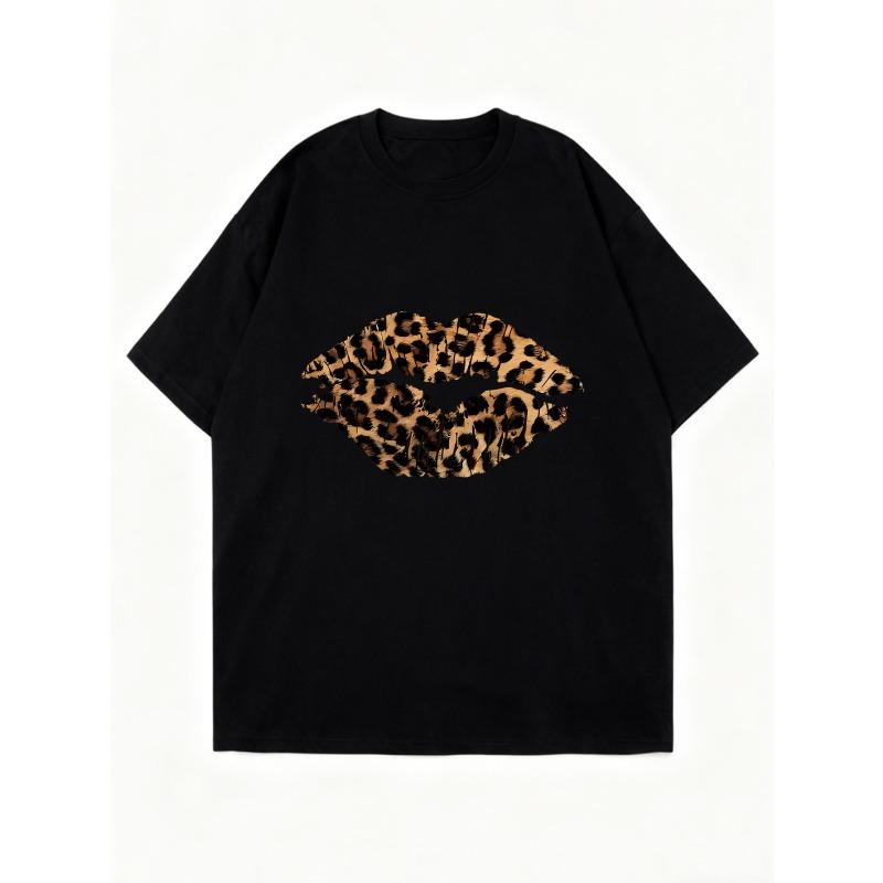 Oversized T Shirt Black Leopard Print Lips Design Casual Wear for Women Summer Fashion Statement Top